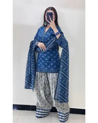 Stunning Women's Stitched Suit with Digital Print - 3 Pcs in Blue thumbnail 2