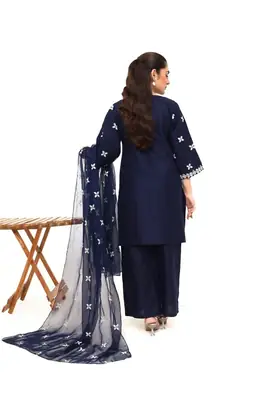 Stunning Women's Stitched Embroidered Linen Suit - 3 Pcs Set in Blue thumbnail 3