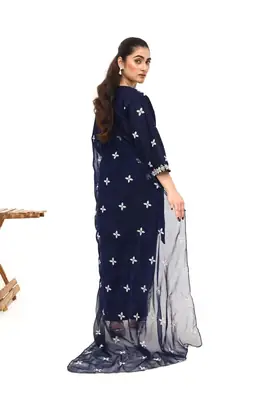 Stunning Women's Stitched Embroidered Linen Suit - 3 Pcs Set in Blue thumbnail 4