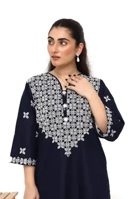 Stunning Women's Stitched Embroidered Linen Suit - 3 Pcs Set in Blue thumbnail 5