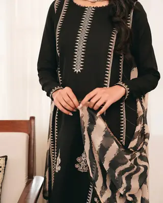 Women's Stitched Black Linen Suit with Embroidered Pattern - 3 Pcs thumbnail 2