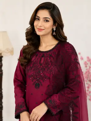 3 Pcs Women's Stitched Linen Embroidered Suit