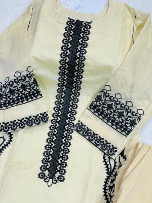 2 Pcs Women's Stitched Paper Cotton Embroidered Shirt And Trouser thumbnail 3