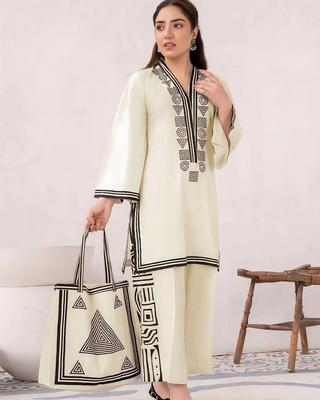 Elegant White Embroidered Linen Shirt and Trouser Set 