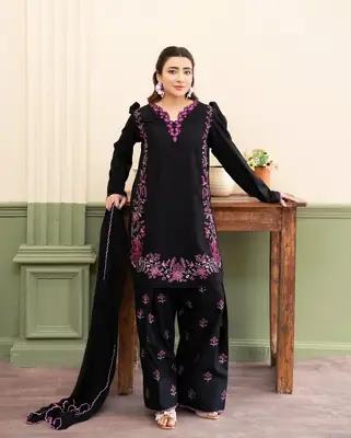 Stylish Black Cotton Embroidered Shirt And Trouser Set - 2 Pcs  thumbnail 2