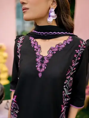 Stylish Black Cotton Embroidered Shirt And Trouser Set - 2 Pcs  thumbnail 3