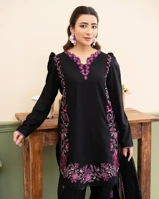 Stylish Black Cotton Embroidered Shirt And Trouser Set - 2 Pcs  thumbnail 8