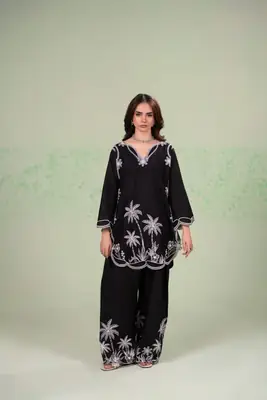 Stylish Black Embroidered Lawn Shirt and Trouser Set - 2 Pcs thumbnail 2