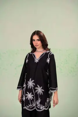 Stylish Black Embroidered Lawn Shirt and Trouser Set - 2 Pcs thumbnail 3