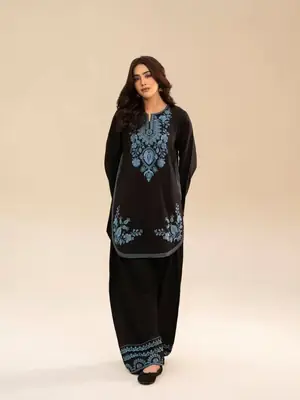 Chic Women's Stitched Cotton Suit Set - Black Embroidered 2 Pcs