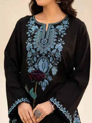 Chic Women's Stitched Cotton Suit Set - Black Embroidered 2 Pcs thumbnail 2