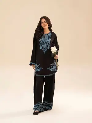 Chic Women's Stitched Cotton Suit Set - Black Embroidered 2 Pcs thumbnail 6