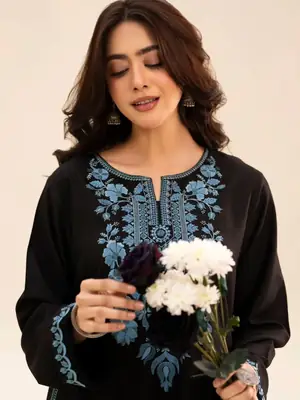 Chic Women's Stitched Cotton Suit Set - Black Embroidered 2 Pcs thumbnail 8
