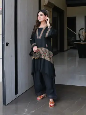 Chic Black Embroidered Shirt and Trouser Set - 2 Pcs thumbnail 3