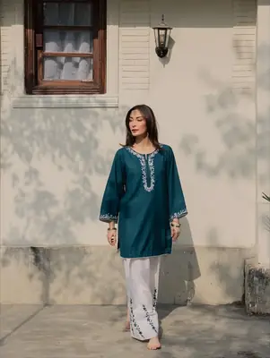 Chic Women's Stitched Embroidered Shirt And Trouser Set  thumbnail 3