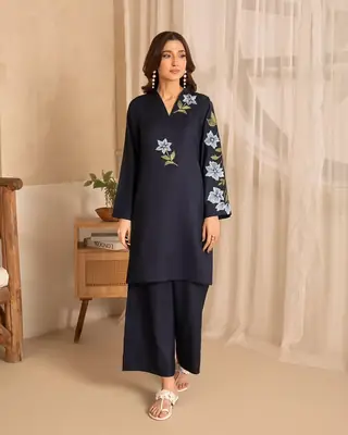 Stunning Black Embroidered Shirt and Trouser Set - 2 Pcs