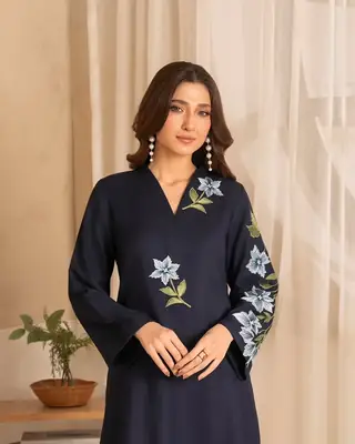 Stunning Black Embroidered Shirt and Trouser Set - 2 Pcs thumbnail 2