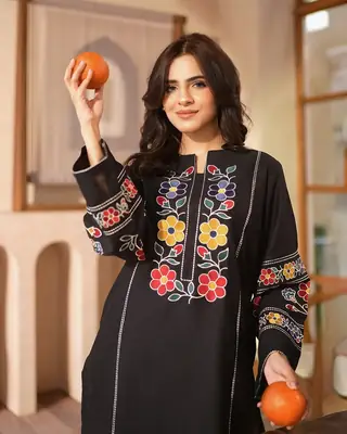 Chic Women's Stitched Shirt and Trouser Set - 2 Pcs in Embroidered Black