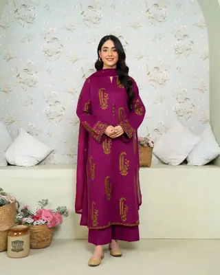 Stylish Purple Embroidered Linen Shirt and Trouser Set - 2 Pcs
