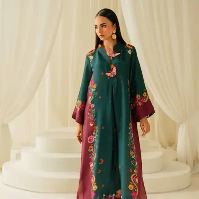 2 Pcs Women's Stitched Shamoz Silk Printed Shirt And Trouser