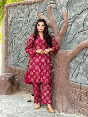 2 Pcs Women's Stitched Linen Printed Suit thumbnail 1