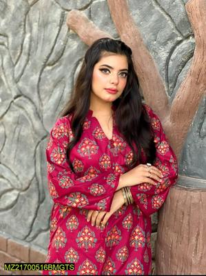 2 Pcs Women's Stitched Linen Printed Suit thumbnail 5