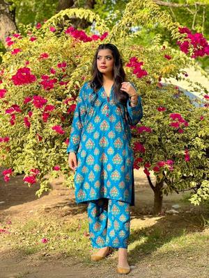 2 Pcs Women's Stitched Linen Printed Suit thumbnail 3