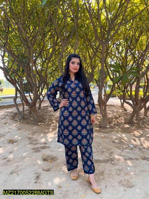 2 Pcs Women's Stitched Linen Printed Suit thumbnail 4