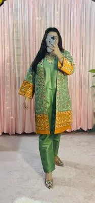 Women's 3 Pcs Embroidered Cotton Gown Suit Yellow Eid 2026 thumbnail 2