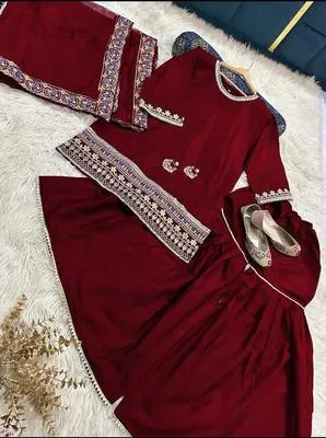 Maroon Shamose Silk 3Pcs Embroidered Party Wear Set with Lace Garara & Organza Dupatta
