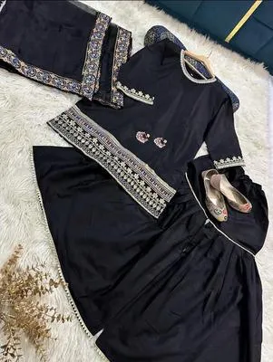 Black Shamose Silk 3Pcs Embroidered Party Wear Set with Lace Garara & Organza Dupatta