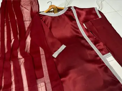Hania Amir Inspired Indian Lace Work 3 Piece Suit for Women – Pure Shamoz Silk Long Shirt with Chiffon Dupatta & Plain Trouser thumbnail 3