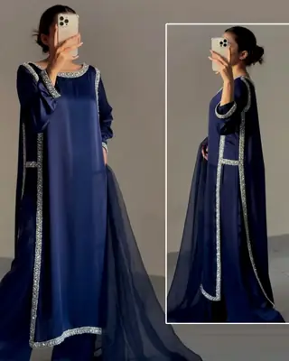 Hania Amir Inspired Indian Lace Work 3 Piece Suit for Women – Pure Shamoz Silk Long Shirt with Chiffon Dupatta & Plain Trouser thumbnail 2