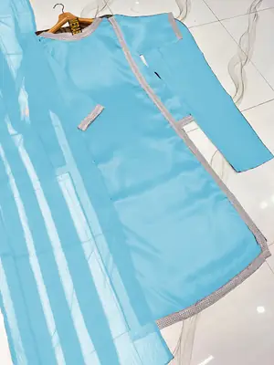 Hania Amir Inspired Indian Lace Work 3 Piece Suit for Women – Pure Shamoz Silk Long Shirt with Chiffon Dupatta & Plain Trouser thumbnail 6