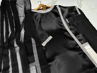 Hania Amir Inspired Indian Lace Work 3 Piece Suit for Women – Pure Shamoz Silk Long Shirt with Chiffon Dupatta & Plain Trouser thumbnail 3