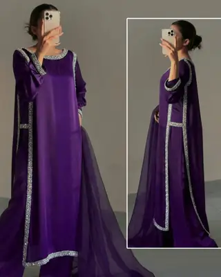 Hania Amir Inspired Indian Lace Work 3 Piece Suit for Women – Pure Shamoz Silk Long Shirt with Chiffon Dupatta & Plain Trouser thumbnail 2