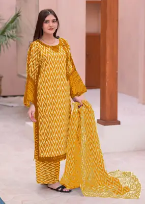 Women's 3 Piece Doria Lawn Suit with Mirror Work & Digital Print | Heavy Sequin Embroidered Shirt, Printed Trouser (Flapper) & Monar Dupatta | Summer Collection