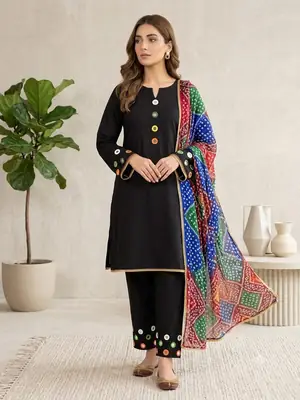 Malai Lawn 3 Piece Dress for Women – Mirror Work Neck & Sleeves, Farshi Shalwar with Mirror Work, Digital Print Chiffon Dupatta | Stitched Pakistani Ladies Suit | Medium Large