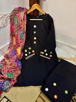 Malai Lawn 3 Piece Dress for Women – Mirror Work Neck & Sleeves, Farshi Shalwar with Mirror Work, Digital Print Chiffon Dupatta | Stitched Pakistani Ladies Suit | Medium Large thumbnail 2