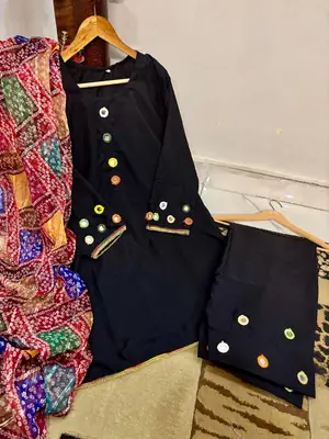Malai Lawn 3 Piece Dress for Women – Mirror Work Neck & Sleeves, Farshi Shalwar with Mirror Work, Digital Print Chiffon Dupatta | Stitched Pakistani Ladies Suit | Medium Large thumbnail 3