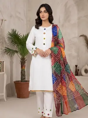 Malai Lawn 3 Piece Dress for Women – Mirror Work Neck & Sleeves, Farshi Shalwar with Mirror Work, Digital Print Chiffon Dupatta | Stitched Pakistani Ladies Suit | Medium Large