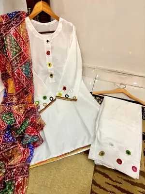 Malai Lawn 3 Piece Dress for Women – Mirror Work Neck & Sleeves, Farshi Shalwar with Mirror Work, Digital Print Chiffon Dupatta | Stitched Pakistani Ladies Suit | Medium Large thumbnail 2