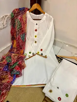 Malai Lawn 3 Piece Dress for Women – Mirror Work Neck & Sleeves, Farshi Shalwar with Mirror Work, Digital Print Chiffon Dupatta | Stitched Pakistani Ladies Suit | Medium Large thumbnail 3