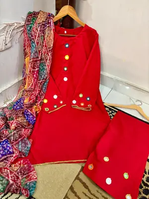 Malai Lawn 3 Piece Dress for Women – Mirror Work Neck & Sleeves, Farshi Shalwar with Mirror Work, Digital Print Chiffon Dupatta | Stitched Pakistani Ladies Suit | Medium Large thumbnail 2