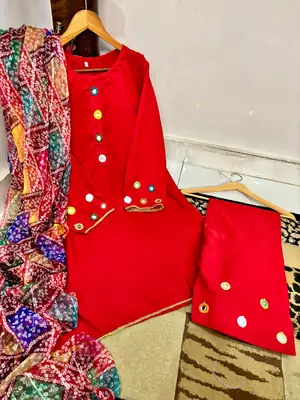 Malai Lawn 3 Piece Dress for Women – Mirror Work Neck & Sleeves, Farshi Shalwar with Mirror Work, Digital Print Chiffon Dupatta | Stitched Pakistani Ladies Suit | Medium Large thumbnail 3