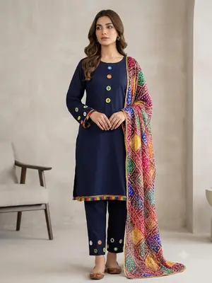 Malai Lawn 3 Piece Dress for Women – Mirror Work Neck & Sleeves, Farshi Shalwar with Mirror Work, Digital Print Chiffon Dupatta | Stitched Pakistani Ladies Suit | Medium Large