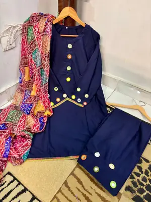 Malai Lawn 3 Piece Dress for Women – Mirror Work Neck & Sleeves, Farshi Shalwar with Mirror Work, Digital Print Chiffon Dupatta | Stitched Pakistani Ladies Suit | Medium Large thumbnail 2