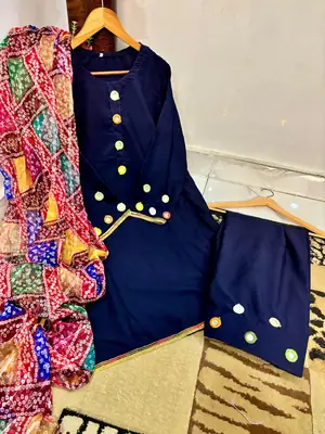 Malai Lawn 3 Piece Dress for Women – Mirror Work Neck & Sleeves, Farshi Shalwar with Mirror Work, Digital Print Chiffon Dupatta | Stitched Pakistani Ladies Suit | Medium Large thumbnail 3
