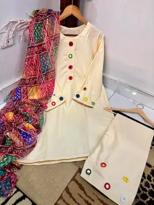 Malai Lawn 3 Piece Dress for Women – Mirror Work Neck & Sleeves, Farshi Shalwar with Mirror Work, Digital Print Chiffon Dupatta | Stitched Pakistani Ladies Suit | Medium Large thumbnail 2
