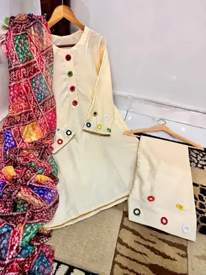 Malai Lawn 3 Piece Dress for Women – Mirror Work Neck & Sleeves, Farshi Shalwar with Mirror Work, Digital Print Chiffon Dupatta | Stitched Pakistani Ladies Suit | Medium Large thumbnail 3
